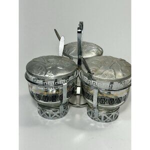 MCM Vtg Libbey Silver Appetizer Condiment Serving Caddy 3 Glass Bowls Lids Spoon